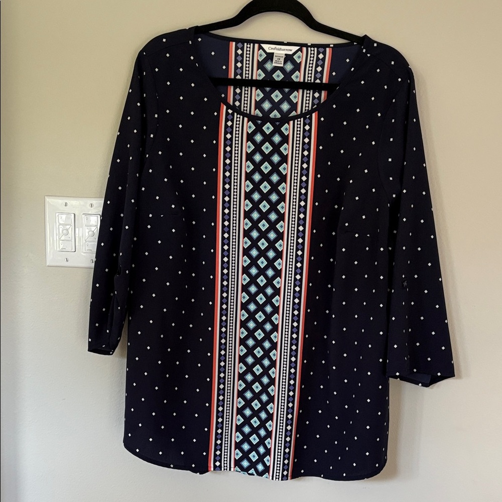 Croft & Barrow Navy Blouse with Coral and Teal Accents
